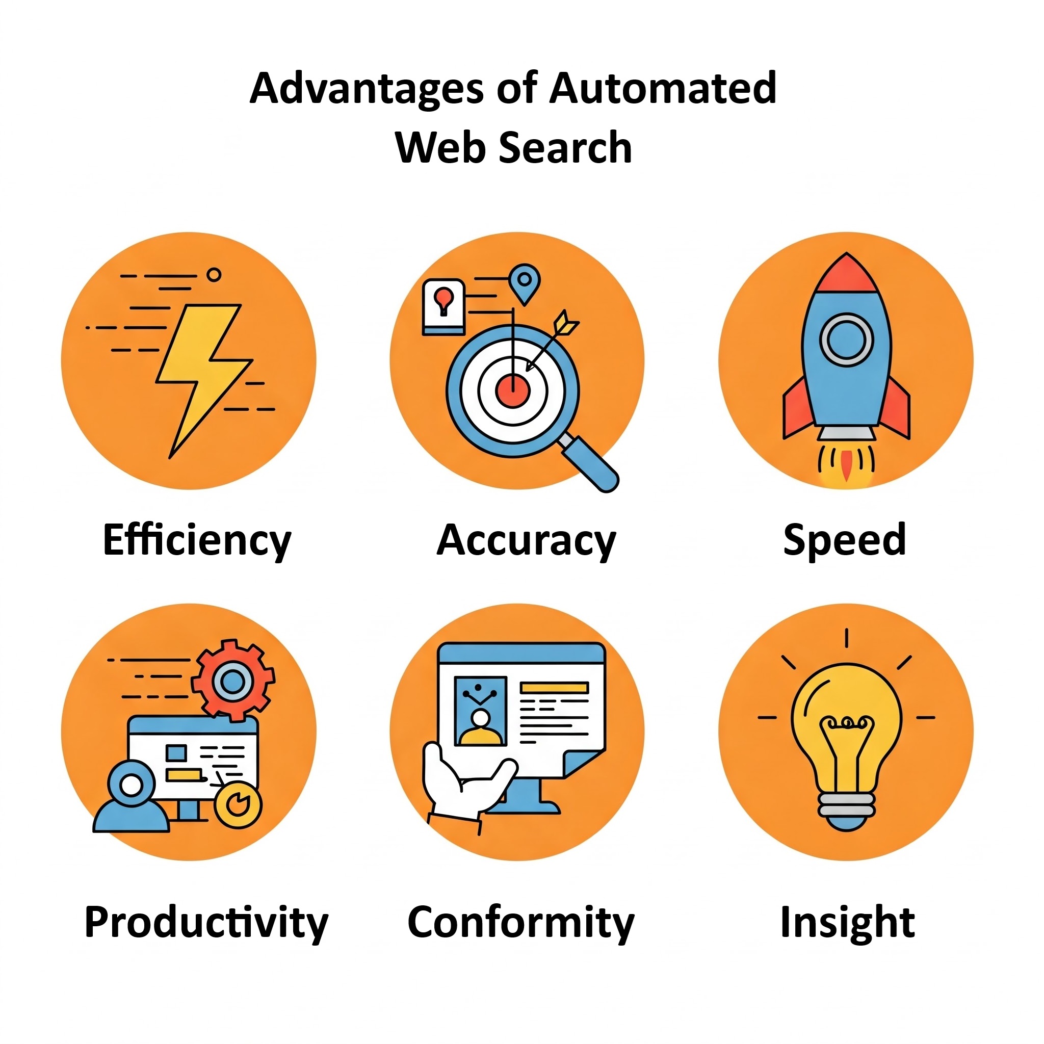 A graphic representing the benefits of automated web search, showing icons for efficiency, accuracy, productivity, and insights.